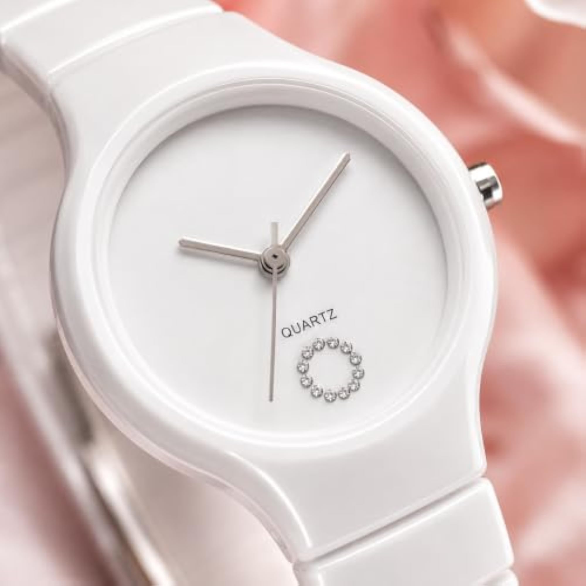 Women's White Ceramic Look Analog Watch with Crystal Accent
